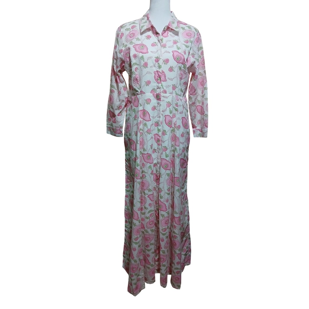 Julia Amory Pink Poppy Strawberry Block Print Cotton Shirt Dress Maxi Medium NWT - Picture 2 of 14